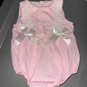 Boutique- Pink Baby Romper with Lace and Bows- NWOT